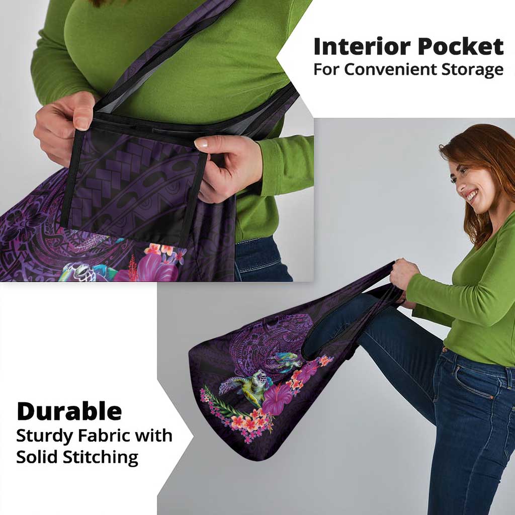 Hawaiian Plumeria and Hibiscus with Turtles Grocery Bag Polynesian Art Purple Color - Polynesian Pride