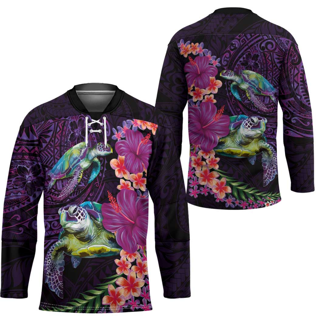 Hawaiian Plumeria and Hibiscus with Turtles Hockey Jersey Polynesian Art Purple Color - Polynesian Pride
