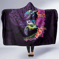 Hawaiian Plumeria and Hibiscus with Turtles Hooded Blanket Polynesian Art Purple Color - Polynesian Pride