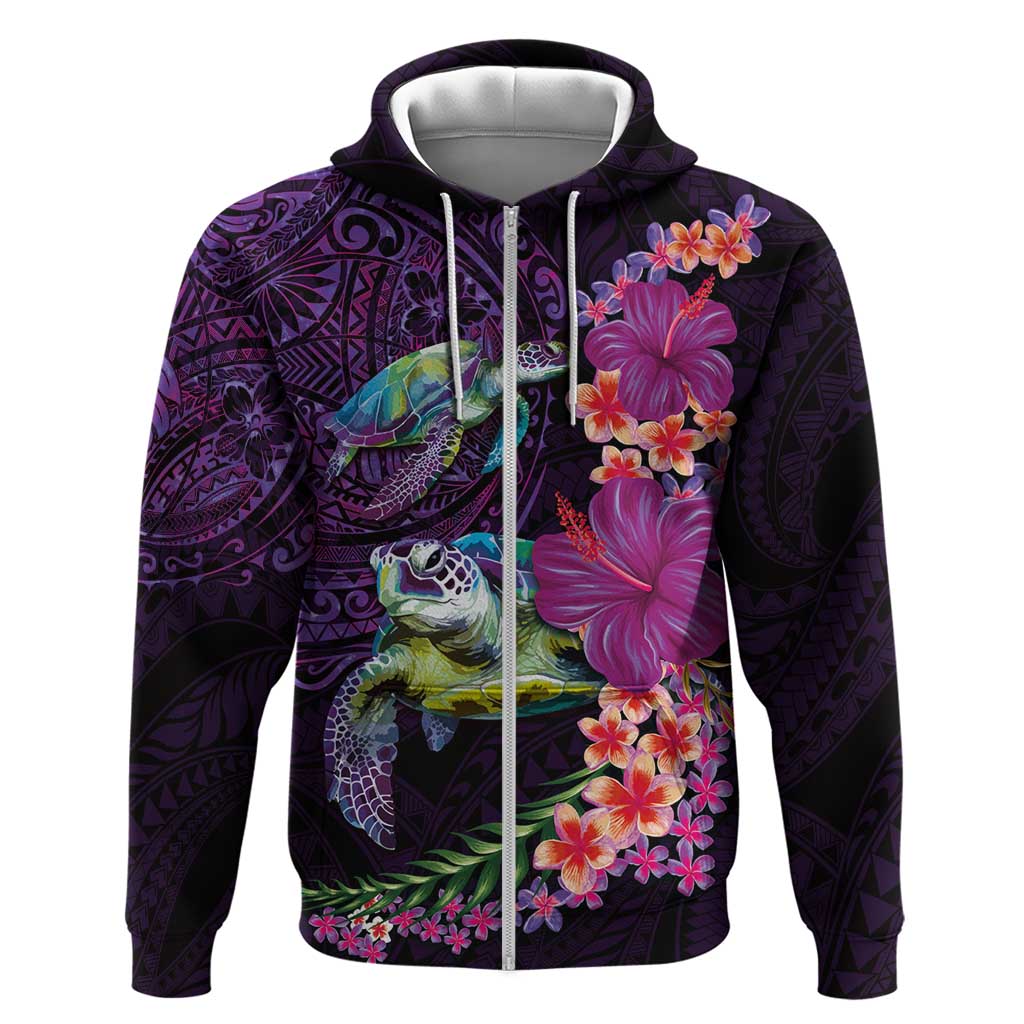 Hawaiian Plumeria and Hibiscus with Turtles Hoodie Polynesian Art Purple Color - Polynesian Pride