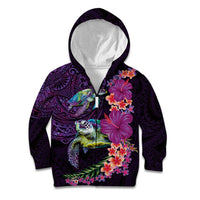 Hawaiian Plumeria and Hibiscus with Turtles Kid Hoodie Polynesian Art Purple Color - Polynesian Pride