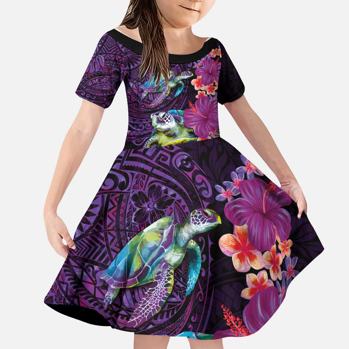 Hawaiian Plumeria and Hibiscus with Turtles Kid Short Sleeve Dress Polynesian Art Purple Color - Polynesian Pride