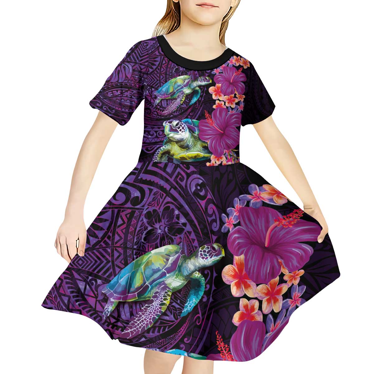 Hawaiian Plumeria and Hibiscus with Turtles Kid Short Sleeve Dress Polynesian Art Purple Color - Polynesian Pride