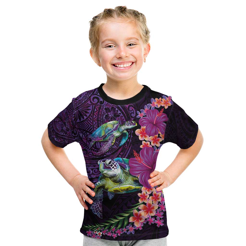 Hawaiian Plumeria and Hibiscus with Turtles Kid T Shirt Polynesian Art Purple Color - Polynesian Pride