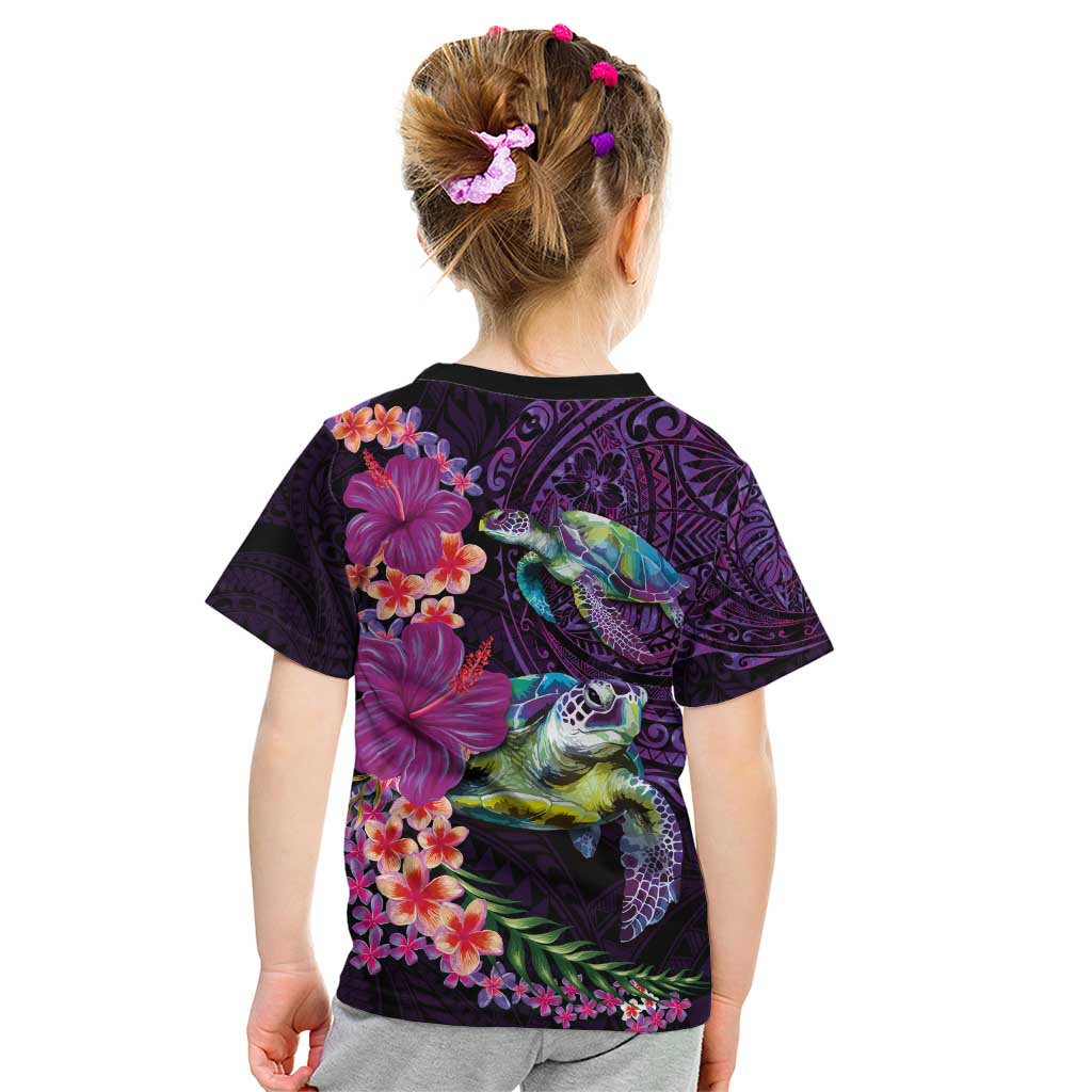 Hawaiian Plumeria and Hibiscus with Turtles Kid T Shirt Polynesian Art Purple Color - Polynesian Pride