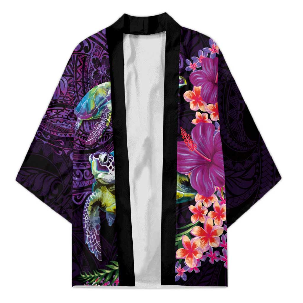 Hawaiian Plumeria and Hibiscus with Turtles Kimono Polynesian Art Purple Color - Polynesian Pride