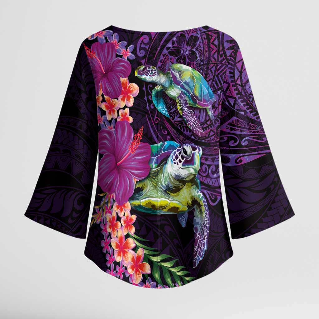 Hawaiian Plumeria and Hibiscus with Turtles Kimono Sleeve Blouse Polynesian Art Purple Color - Polynesian Pride
