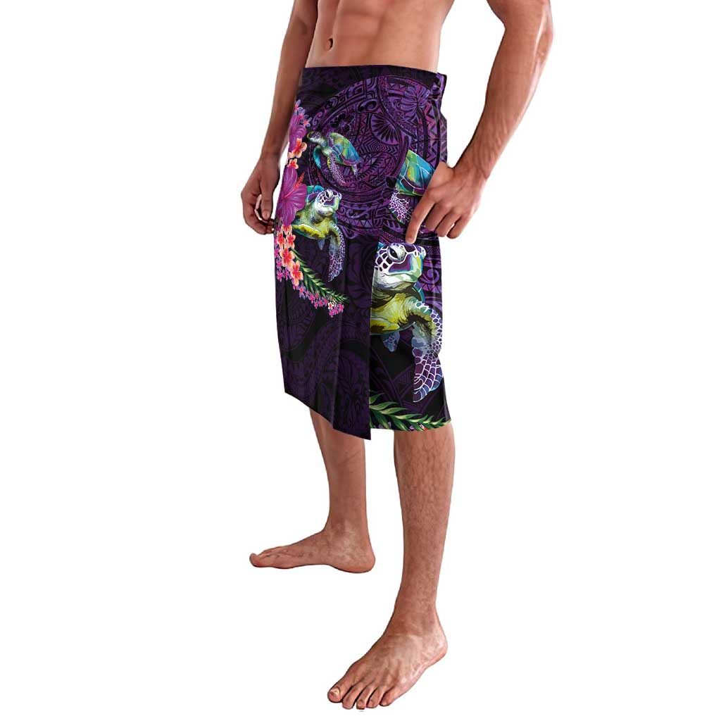 Hawaiian Plumeria and Hibiscus with Turtles Lavalava Polynesian Art Purple Color - Polynesian Pride