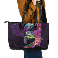 Hawaiian Plumeria and Hibiscus with Turtles Leather Tote Bag Polynesian Art Purple Color - Polynesian Pride