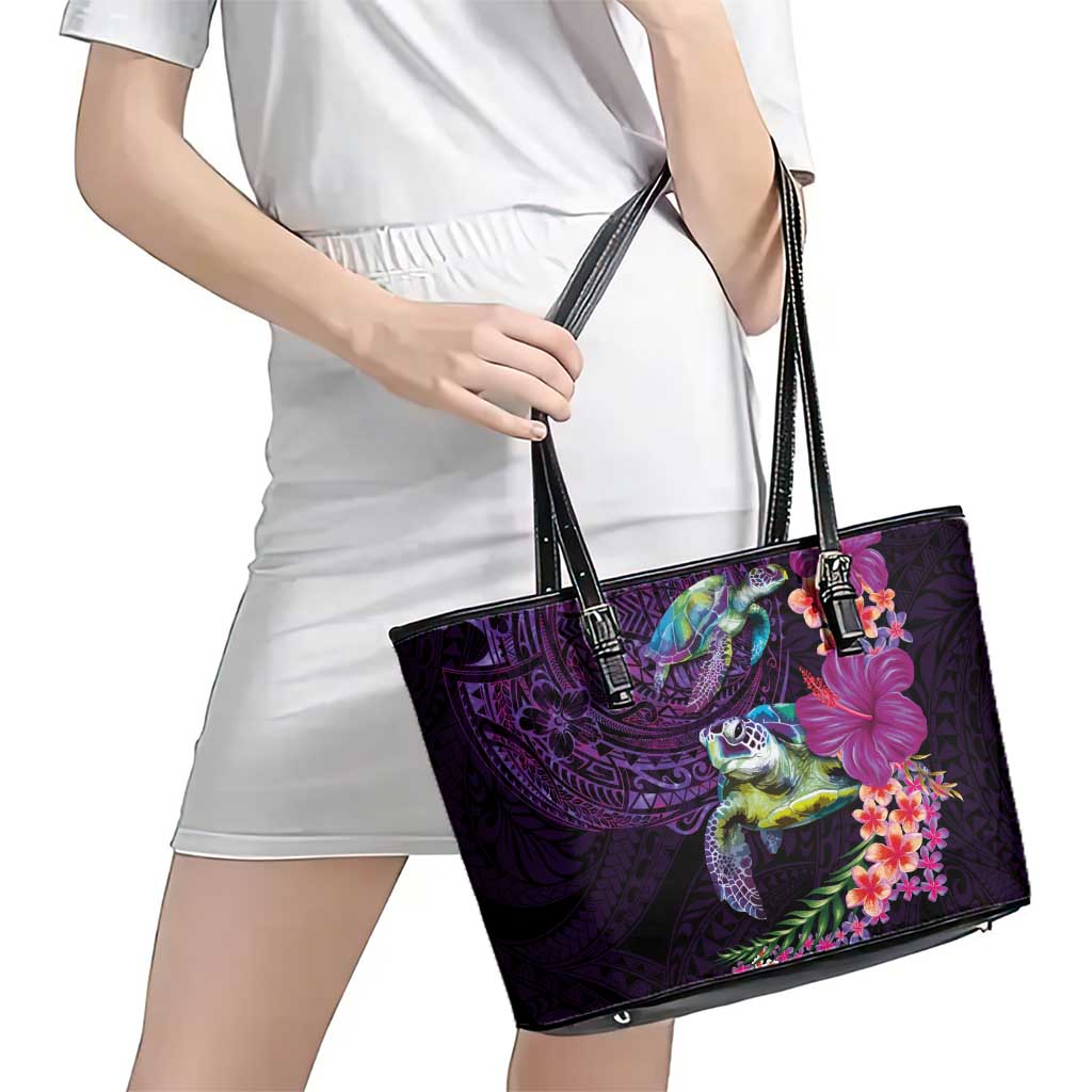 Hawaiian Plumeria and Hibiscus with Turtles Leather Tote Bag Polynesian Art Purple Color - Polynesian Pride
