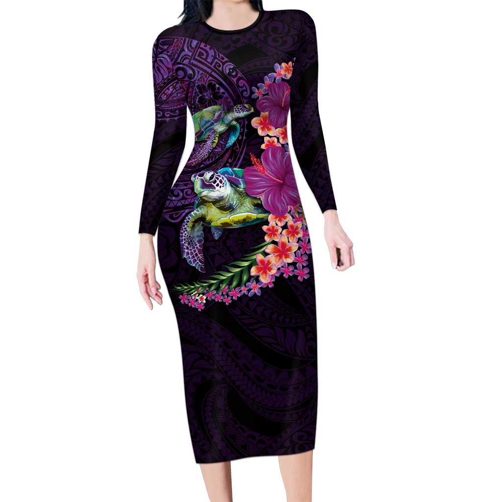Hawaiian Plumeria and Hibiscus with Turtles Long Sleeve Bodycon Dress Polynesian Art Purple Color - Polynesian Pride