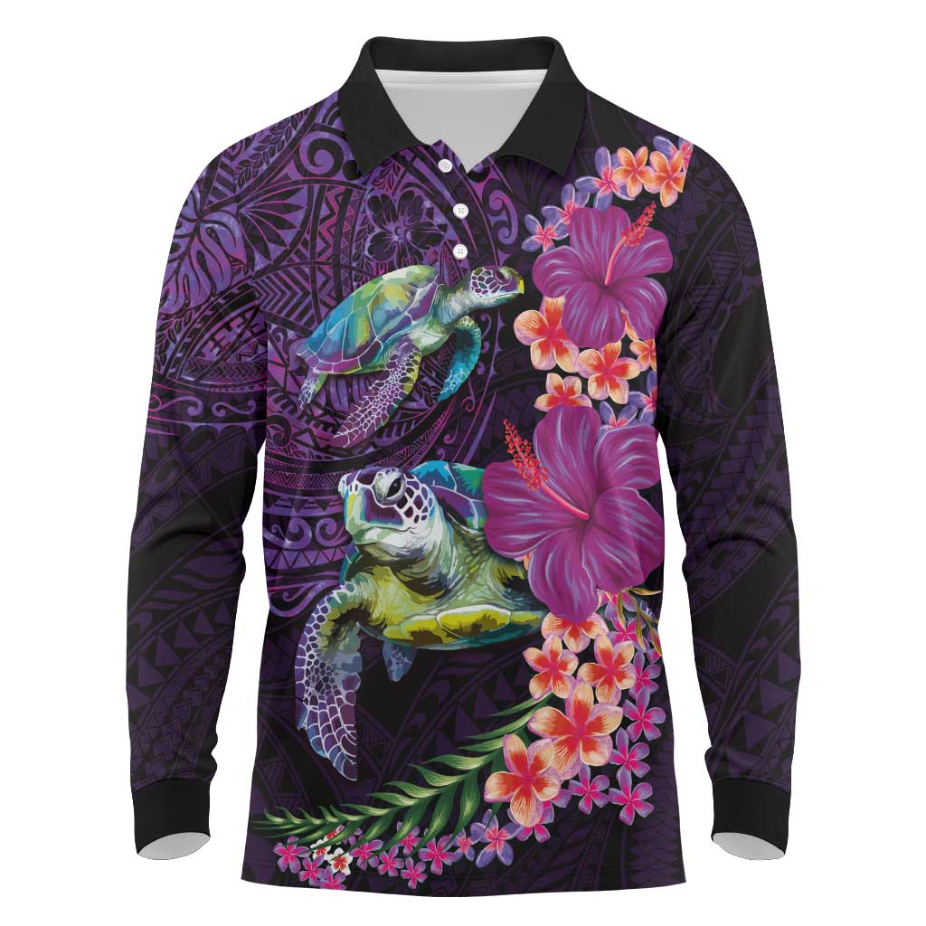 Hawaiian Plumeria and Hibiscus with Turtles Long Sleeve Polo Shirt Polynesian Art Purple Color - Polynesian Pride