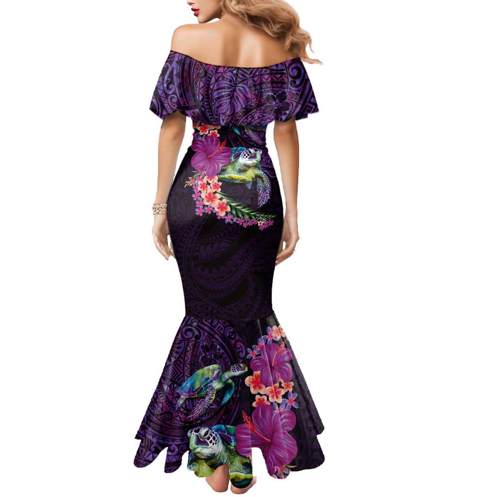 Hawaiian Plumeria and Hibiscus with Turtles Mermaid Dress Polynesian Art Purple Color - Polynesian Pride