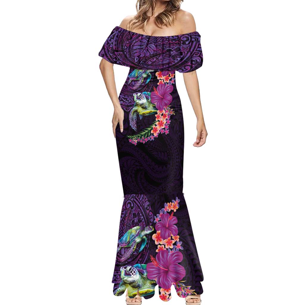 Hawaiian Plumeria and Hibiscus with Turtles Mermaid Dress Polynesian Art Purple Color - Polynesian Pride
