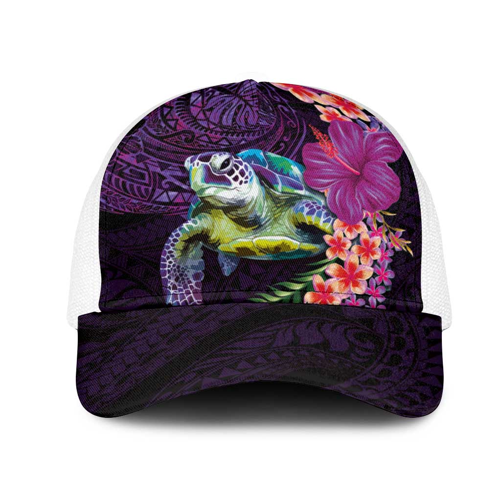 Hawaiian Plumeria and Hibiscus with Turtles Mesh Trucker Cap Polynesian Art Purple Color - Polynesian Pride