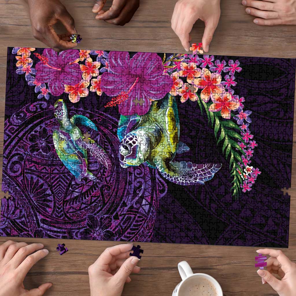 Hawaiian Plumeria and Hibiscus with Turtles Puzzle Polynesian Art Purple Color - Polynesian Pride