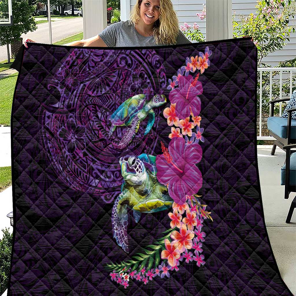 Hawaiian Plumeria and Hibiscus with Turtles Quilt Polynesian Art Purple Color - Polynesian Pride