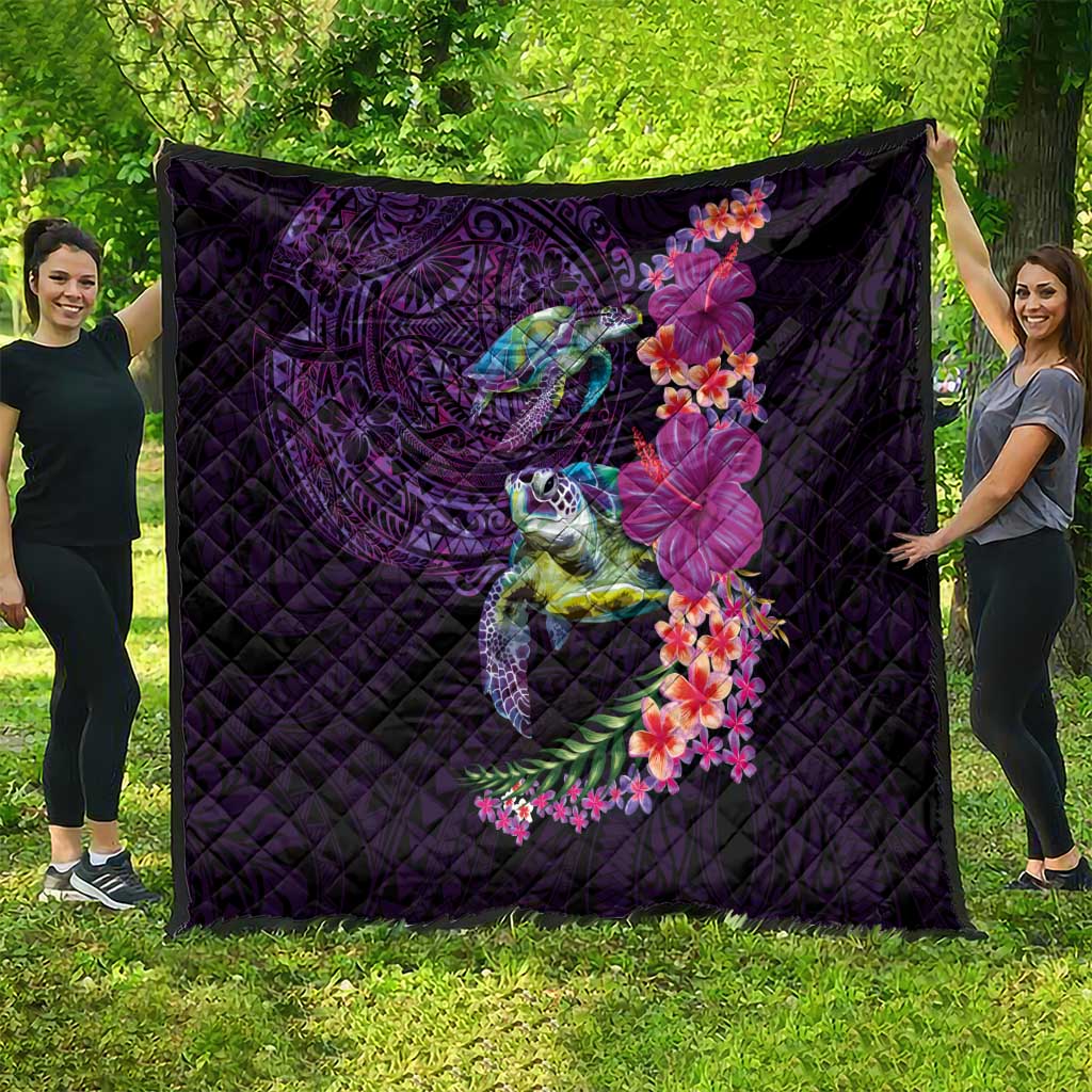Hawaiian Plumeria and Hibiscus with Turtles Quilt Polynesian Art Purple Color - Polynesian Pride