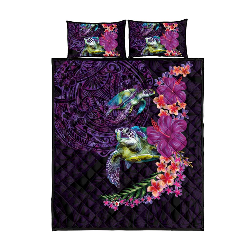 Hawaiian Plumeria and Hibiscus with Turtles Quilt Bed Set Polynesian Art Purple Color - Polynesian Pride