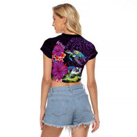 Hawaiian Plumeria and Hibiscus with Turtles Raglan Cropped T Shirt Polynesian Art Purple Color - Polynesian Pride