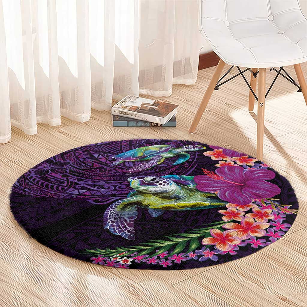 Hawaiian Plumeria and Hibiscus with Turtles Round Carpet Polynesian Art Purple Color - Polynesian Pride