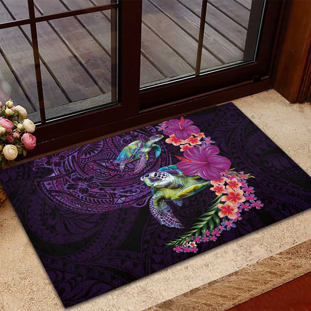 Hawaiian Plumeria and Hibiscus with Turtles Rubber Doormat Polynesian Art Purple Color - Polynesian Pride