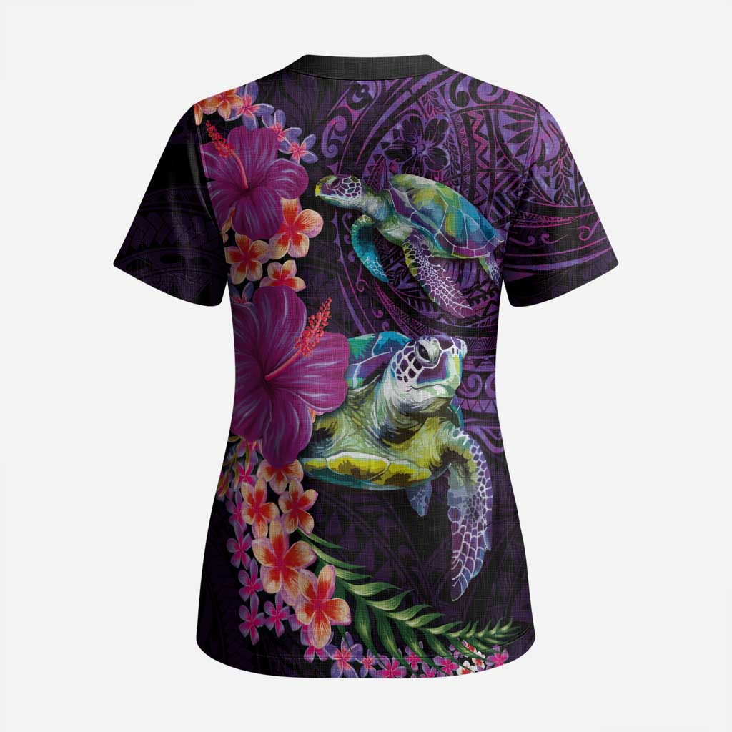 Hawaiian Plumeria and Hibiscus with Turtles Scrub Top Polynesian Art Purple Color - Polynesian Pride