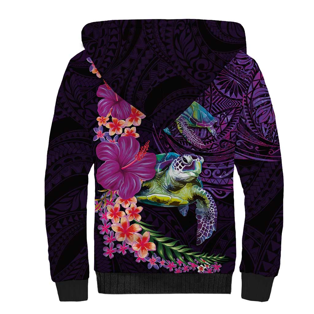 Hawaiian Plumeria and Hibiscus with Turtles Sherpa Hoodie Polynesian Art Purple Color - Polynesian Pride