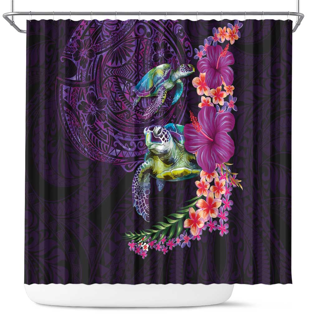 Hawaiian Plumeria and Hibiscus with Turtles Shower Curtain Polynesian Art Purple Color - Polynesian Pride