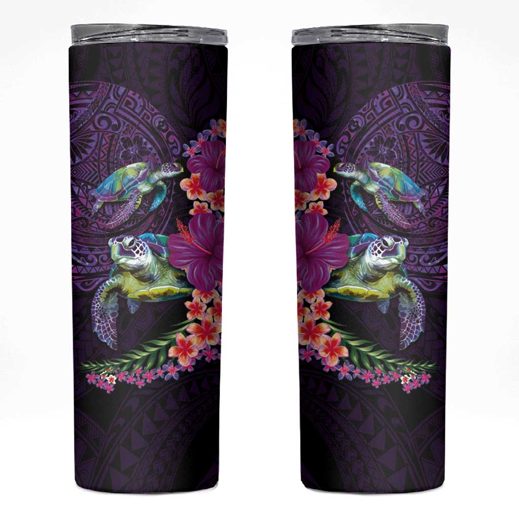 Hawaiian Plumeria and Hibiscus with Turtles Skinny Tumbler Polynesian Art Purple Color - Polynesian Pride