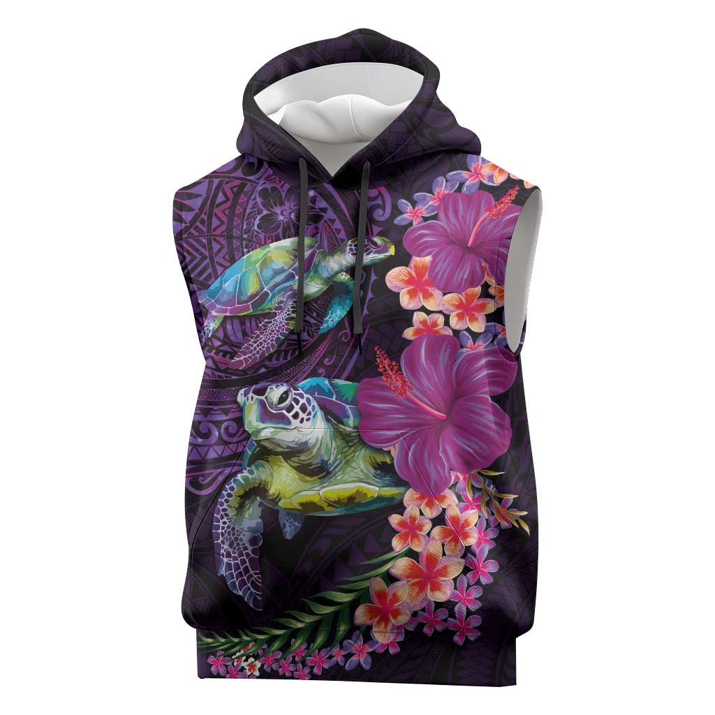 Hawaiian Plumeria and Hibiscus with Turtles Sleeveless Hoodie Polynesian Art Purple Color - Polynesian Pride