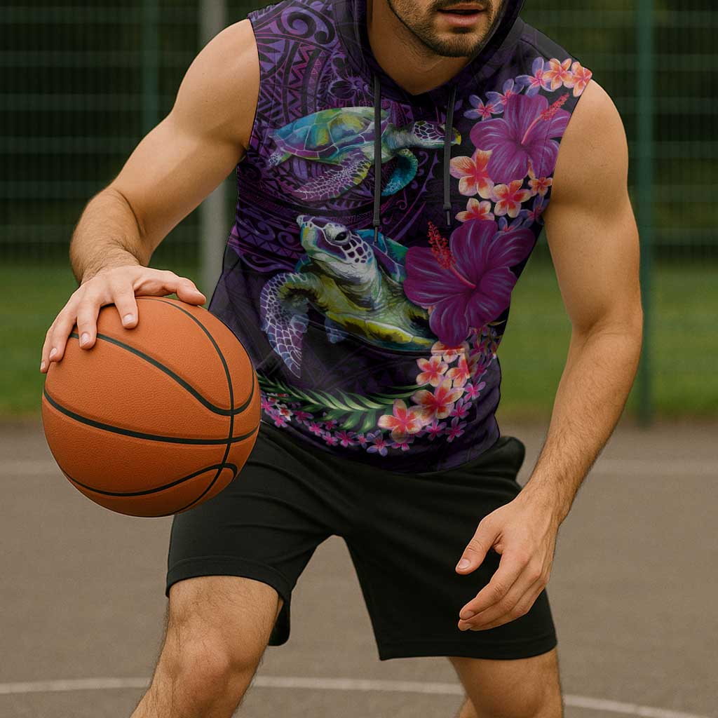 Hawaiian Plumeria and Hibiscus with Turtles Sleeveless Hoodie Polynesian Art Purple Color - Polynesian Pride