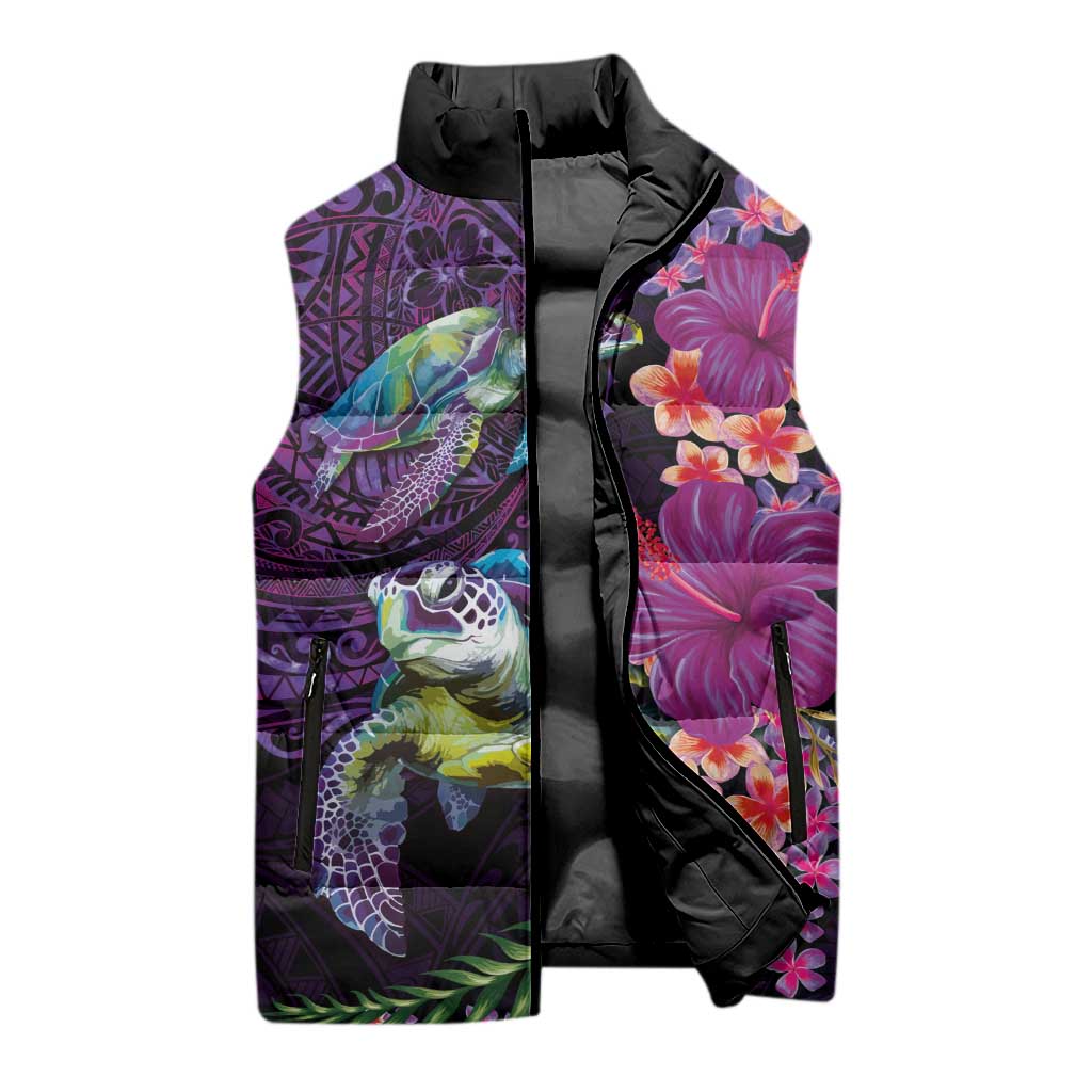 Hawaiian Plumeria and Hibiscus with Turtles Sleeveless Puffer Jacket Polynesian Art Purple Color - Polynesian Pride