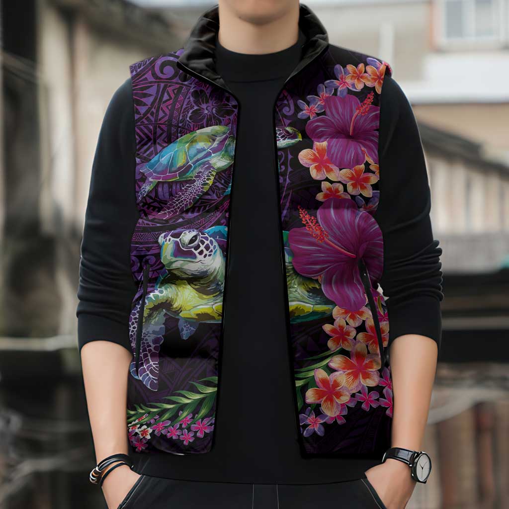 Hawaiian Plumeria and Hibiscus with Turtles Sleeveless Puffer Jacket Polynesian Art Purple Color - Polynesian Pride