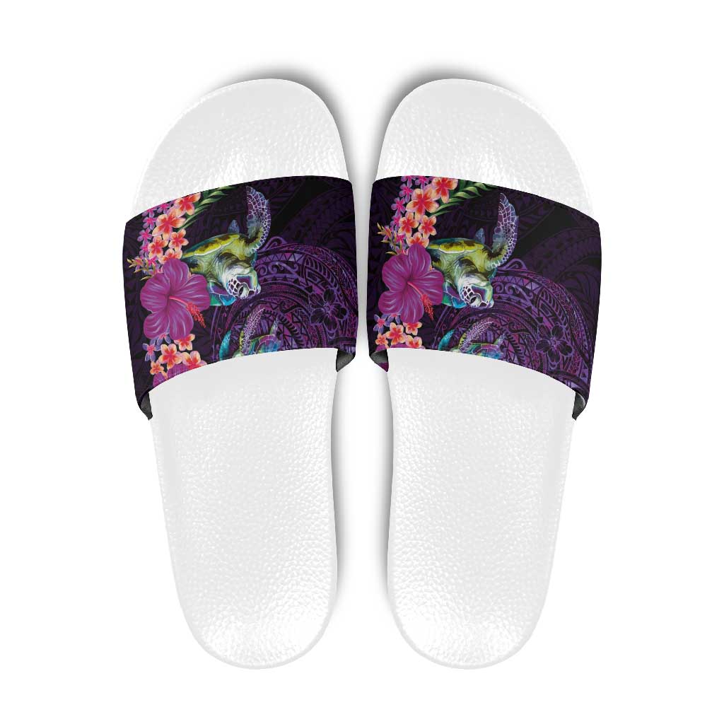 Hawaiian Plumeria and Hibiscus with Turtles Slide Sandals Polynesian Art Purple Color - Polynesian Pride