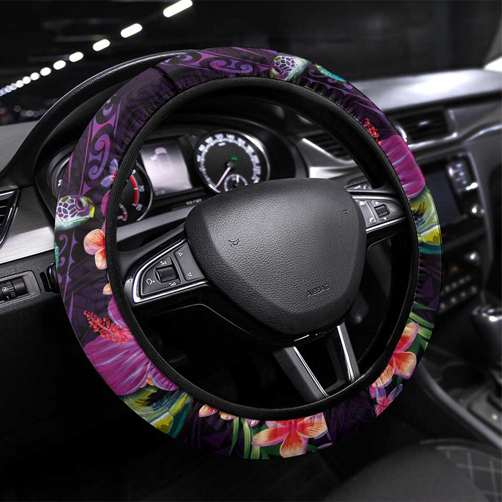 Hawaiian Plumeria and Hibiscus with Turtles Steering Wheel Cover Polynesian Art Purple Color - Polynesian Pride