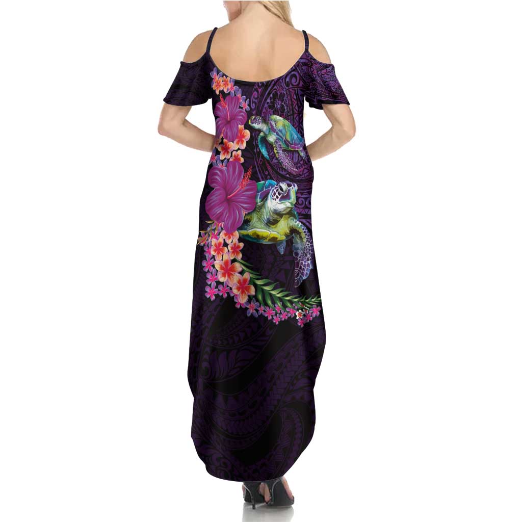 Hawaiian Plumeria and Hibiscus with Turtles Summer Maxi Dress Polynesian Art Purple Color - Polynesian Pride