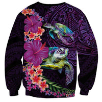 Hawaiian Plumeria and Hibiscus with Turtles Sweatshirt Polynesian Art Purple Color - Polynesian Pride