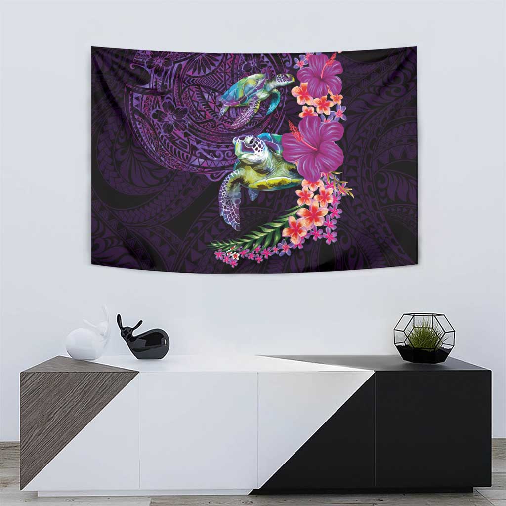 Hawaiian Plumeria and Hibiscus with Turtles Tapestry Polynesian Art Purple Color - Polynesian Pride