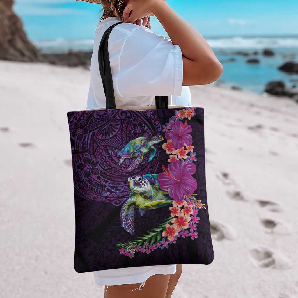 Hawaiian Plumeria and Hibiscus with Turtles Tote Bag Polynesian Art Purple Color - Polynesian Pride