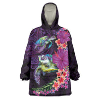 Hawaiian Plumeria and Hibiscus with Turtles Wearable Blanket Hoodie Polynesian Art Purple Color - Polynesian Pride