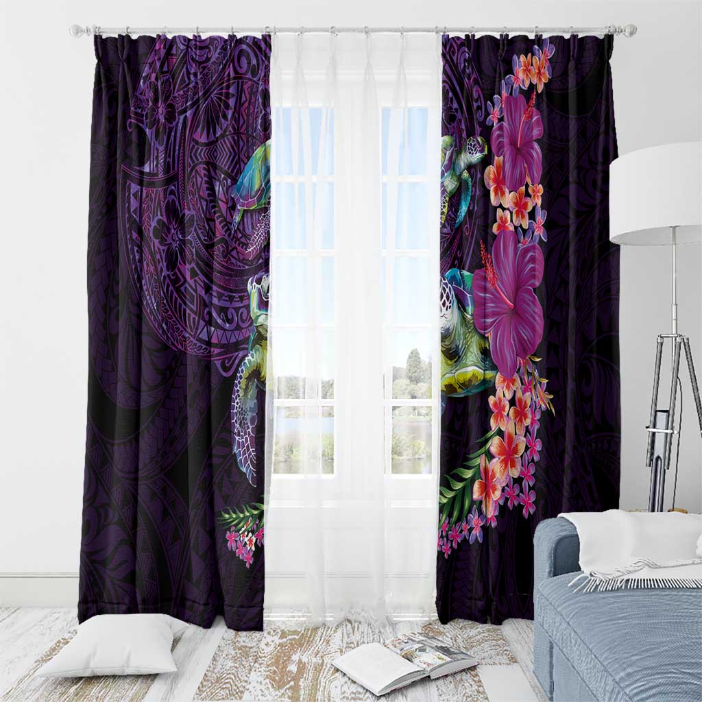 Hawaiian Plumeria and Hibiscus with Turtles Window Curtain Polynesian Art Purple Color - Polynesian Pride