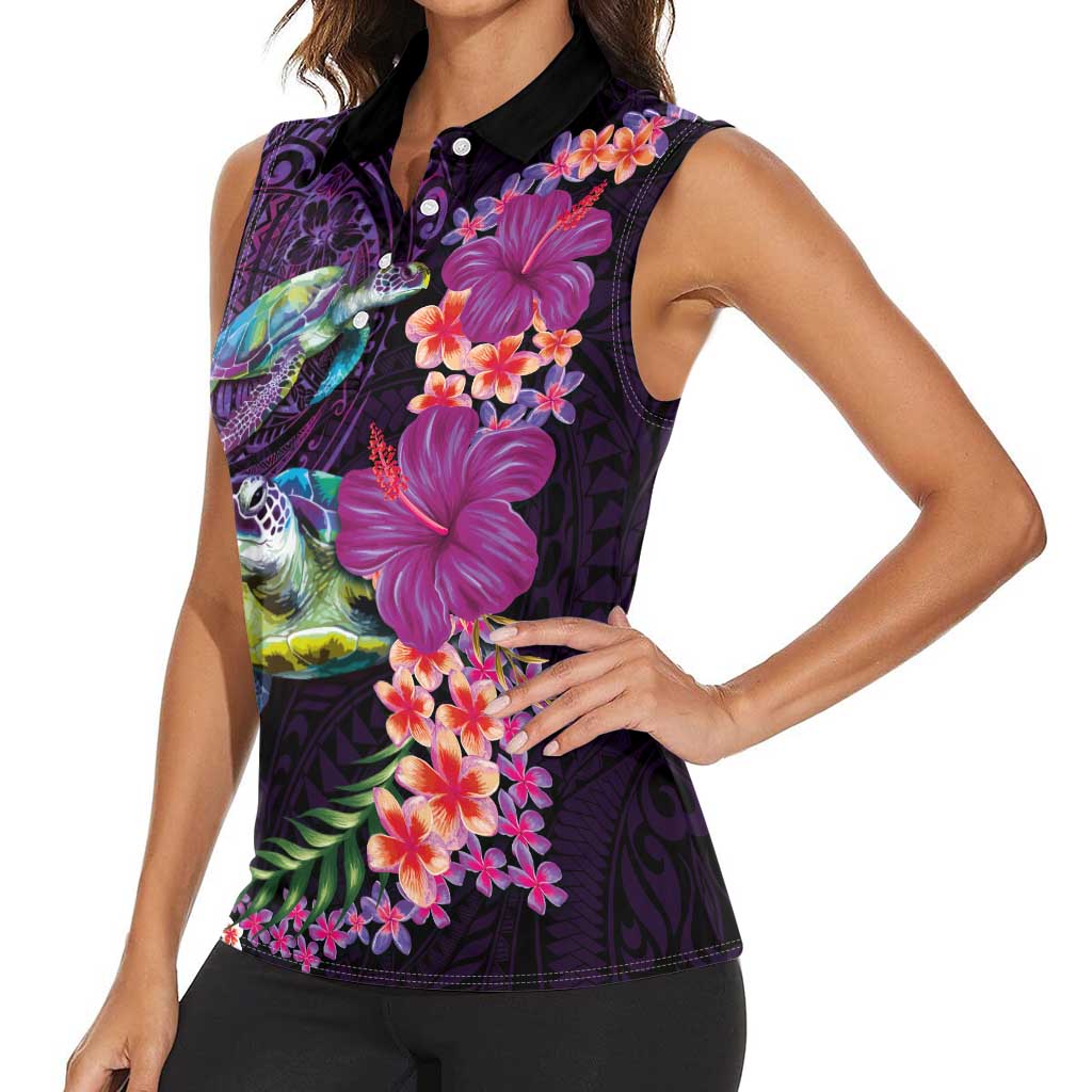 Hawaiian Plumeria and Hibiscus with Turtles Women Sleeveless Polo Shirt Polynesian Art Purple Color - Polynesian Pride