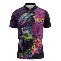 Hawaiian Plumeria and Hibiscus with Turtles Zipper Polo Shirt Polynesian Art Purple Color - Polynesian Pride