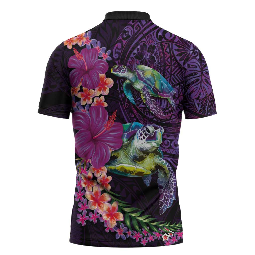 Hawaiian Plumeria and Hibiscus with Turtles Zipper Polo Shirt Polynesian Art Purple Color - Polynesian Pride