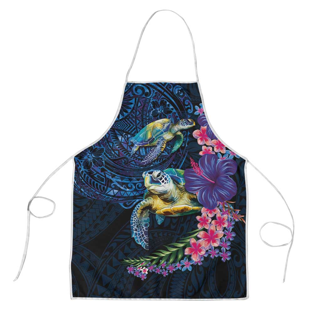 Hawaiian Plumeria and Hibiscus with Turtles Apron Polynesian Art Dark Cyan Color - Polynesian Pride