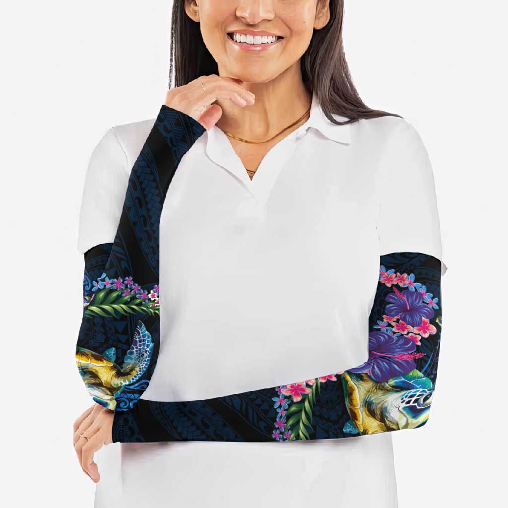 Hawaiian Plumeria and Hibiscus with Turtles Arm Sleeves Polynesian Art Dark Cyan Color - Polynesian Pride