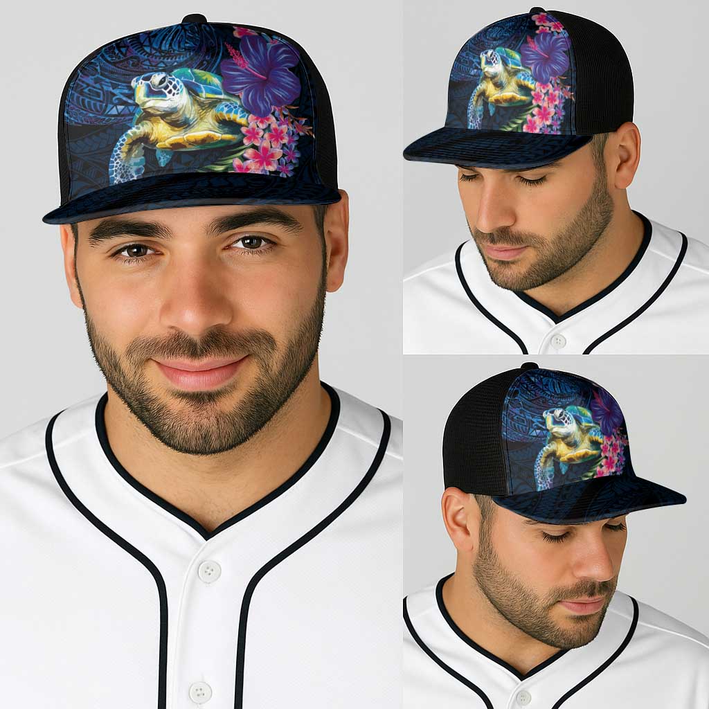 Hawaiian Plumeria and Hibiscus with Turtles Baseball Net Cap Polynesian Art Dark Cyan Color - Polynesian Pride