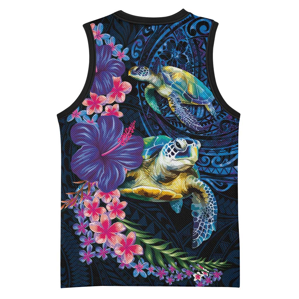 Hawaiian Plumeria and Hibiscus with Turtles Basketball Jersey Polynesian Art Dark Cyan Color - Polynesian Pride