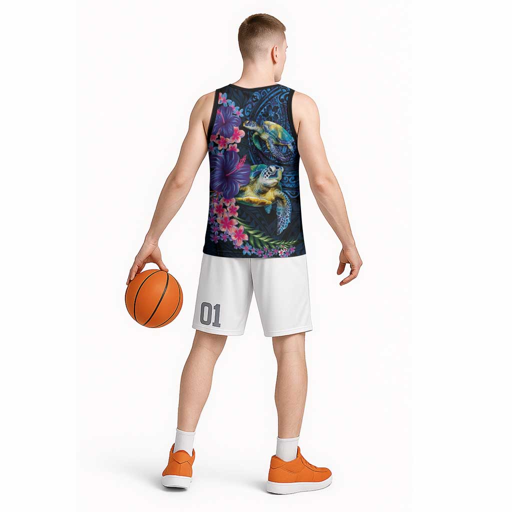 Hawaiian Plumeria and Hibiscus with Turtles Basketball Jersey Polynesian Art Dark Cyan Color - Polynesian Pride